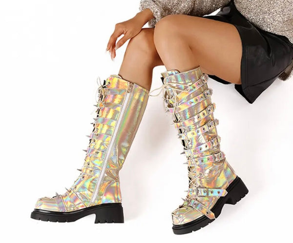 Women Fashion Platform Buckled Lace Up Knee High Boots