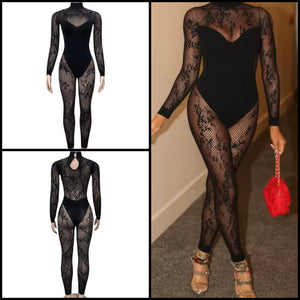 Women Sexy Black Full Sleeve Lace Mesh Jumpsuit
