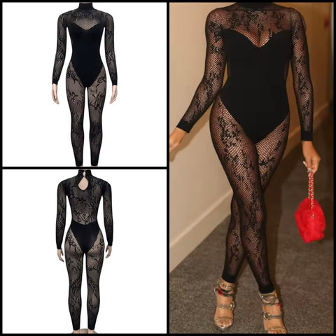 Women Sexy Black Full Sleeve Lace Mesh Jumpsuit