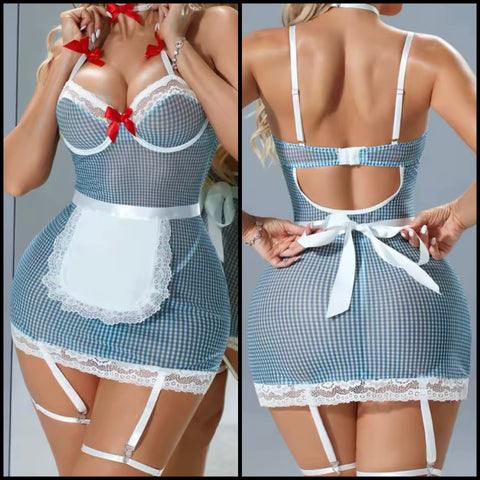 Women Sexy Sleeveless Choker Bow Mesh Lingerie Set