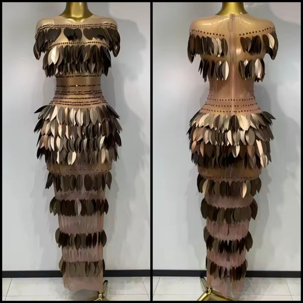 Women Sexy Sleeveless Sequins Rhinestone Mesh Maxi Dress