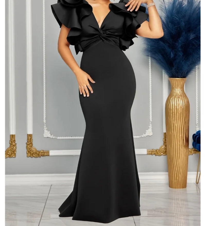 Women Sexy Color Ruffled Short Sleeve Maxi Dress