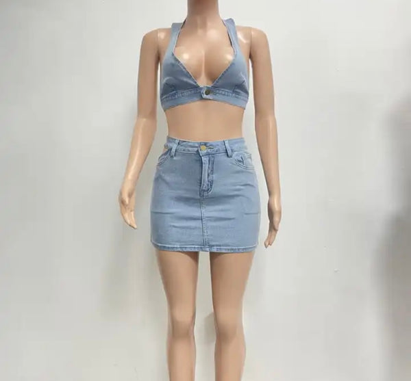 Women Sexy Halter Sleeveless Crop Denim Two Piece Skirt Set