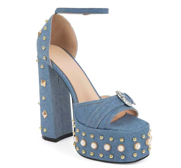 Women Fashion Pearl Rivet Platform High Heel Sandals