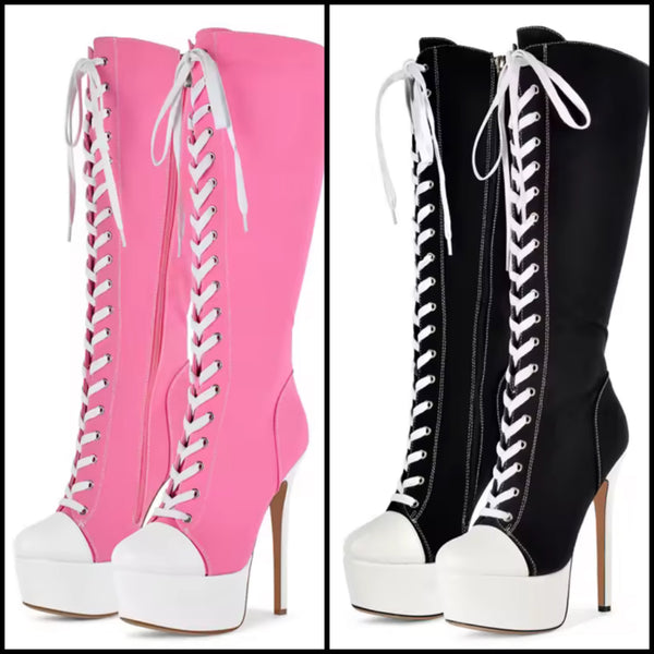 Women Fashion Color Patchwork Platform Tie Up Knee High Boots
