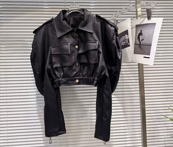 Women Fashion Black Rivet Jacket Two Piece Faux Leather Pant Set