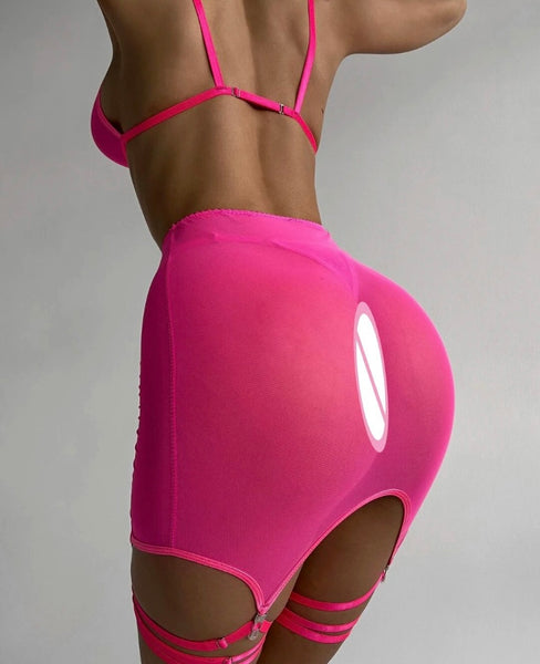 Women Sexy Pink Mesh Lingerie Set
