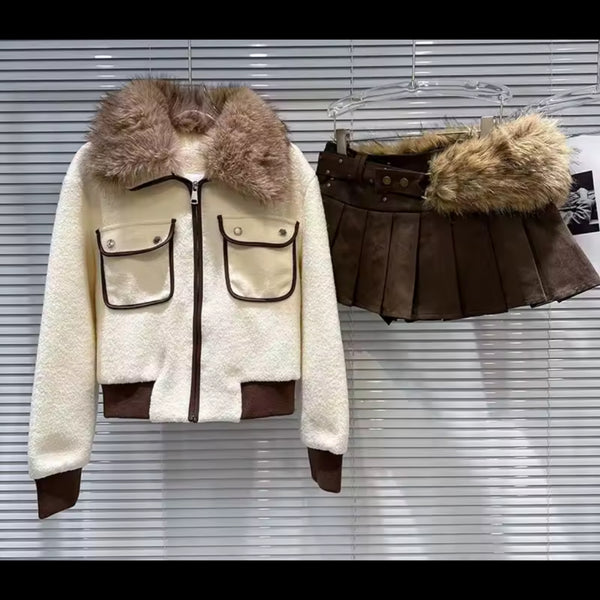 Women Fashion Fur Patchwork Jacket Two Piece Pleated Skirt Set