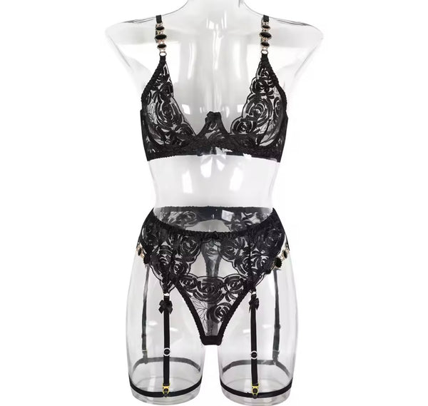 Women Sexy Metal Crystal Lace Lingerie Set
