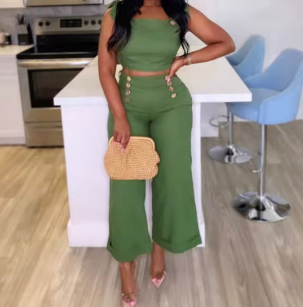 Women Green Button Sleeveless Two Piece Fashion Pant Set