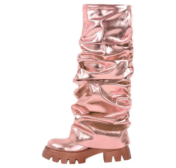 Women Fashion Ruched PU Knee High Boots