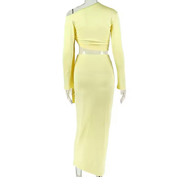 Women Sexy Yellow Ruched Full Sleeve Two Piece Maxi Skirt Set