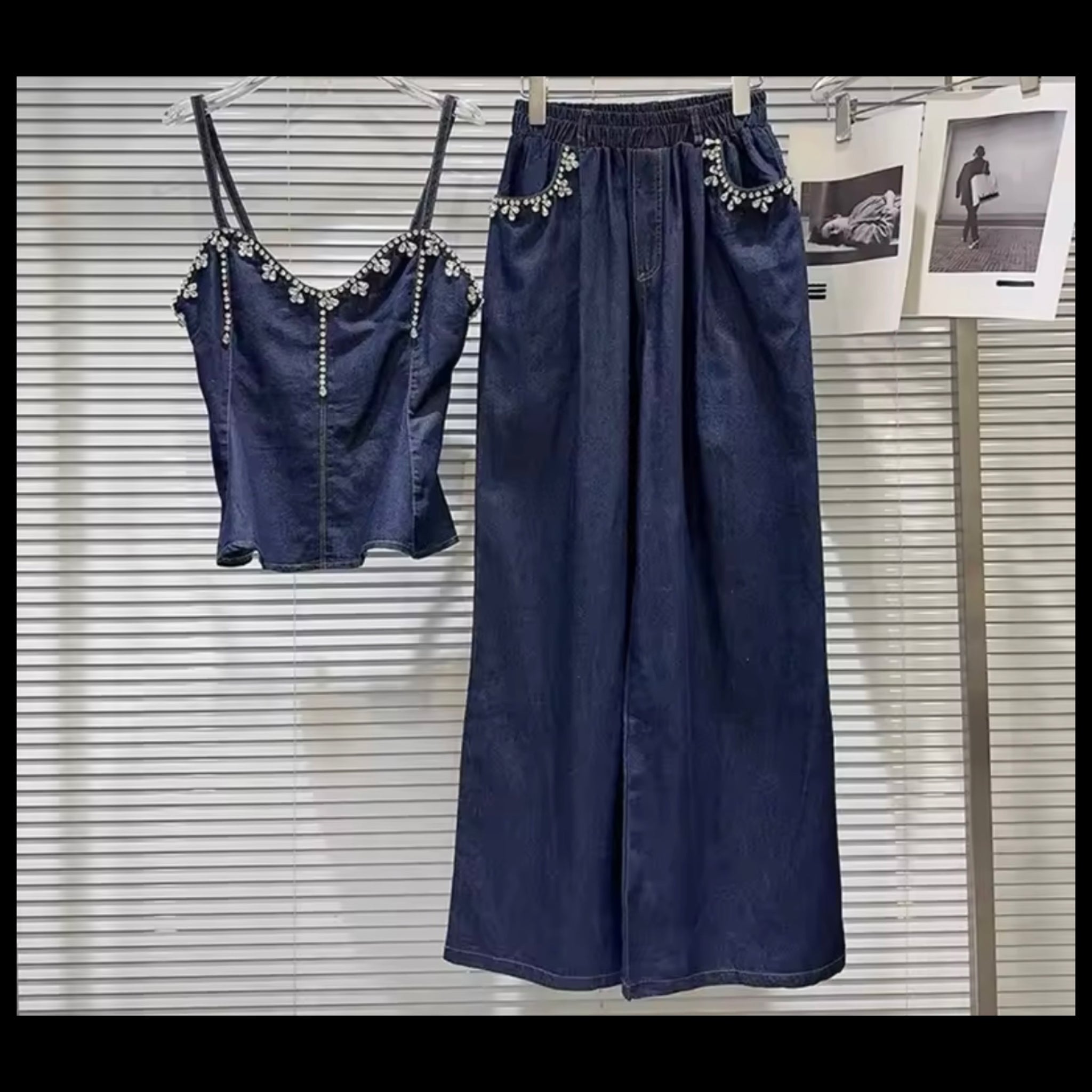 Women Bling Sleeveless Denim Two Piece Loose Pant Set