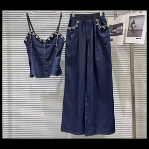 Women Bling Sleeveless Denim Two Piece Loose Pant Set