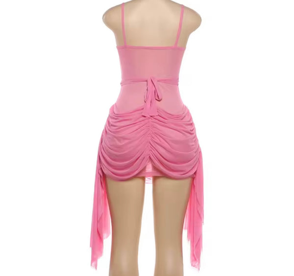 Women Sexy Sleeveless Pink Draped Tassel Mesh Dress