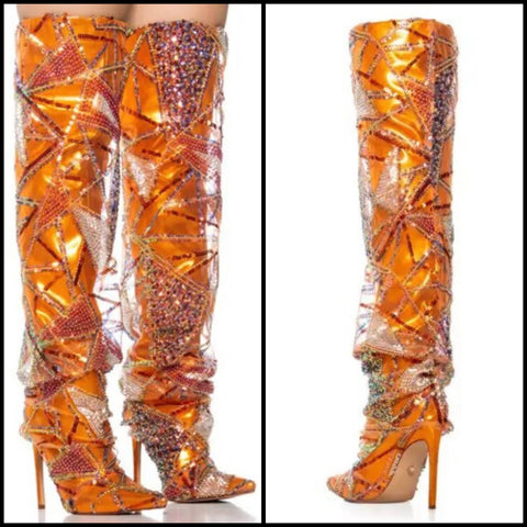 Women Fashion Orange Bling Patchwork Over The Knee Boots