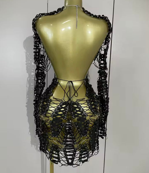 Women Black PU Lace Up Metal Open Back Full Sleeve Dress