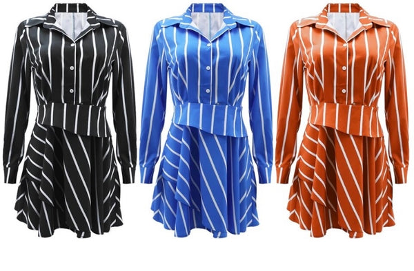 Women Button Up Striped Full Sleeve Fashion Dress