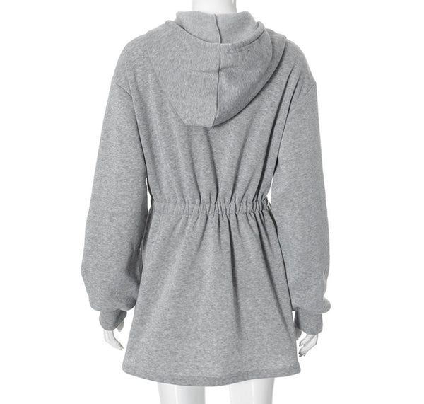 Women Gray Hooded Front Zipper Fashion Sweater Dress