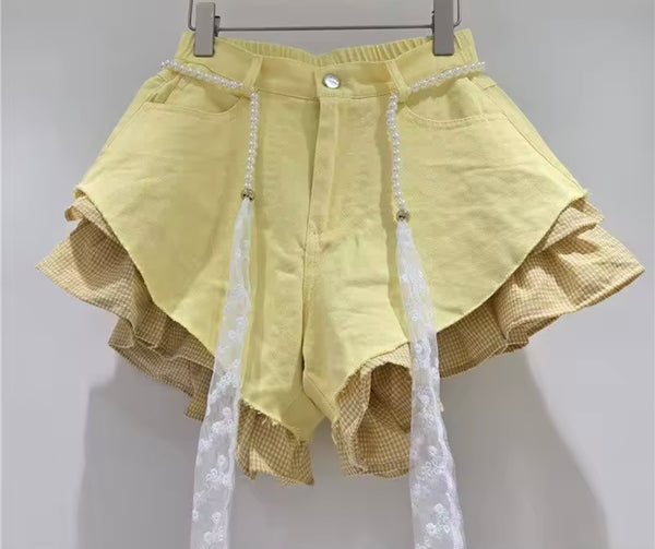 Women Fashion Plaid Ruffle Color Denim Shorts