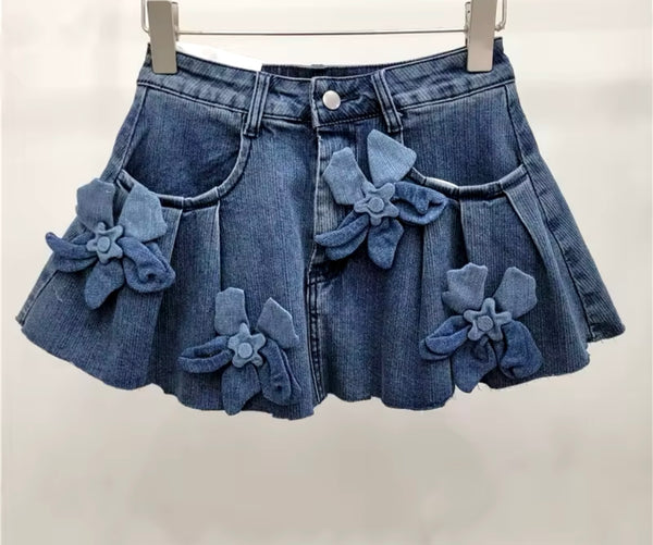 Women Denim 3D Floral Pleated Fashion Skirt