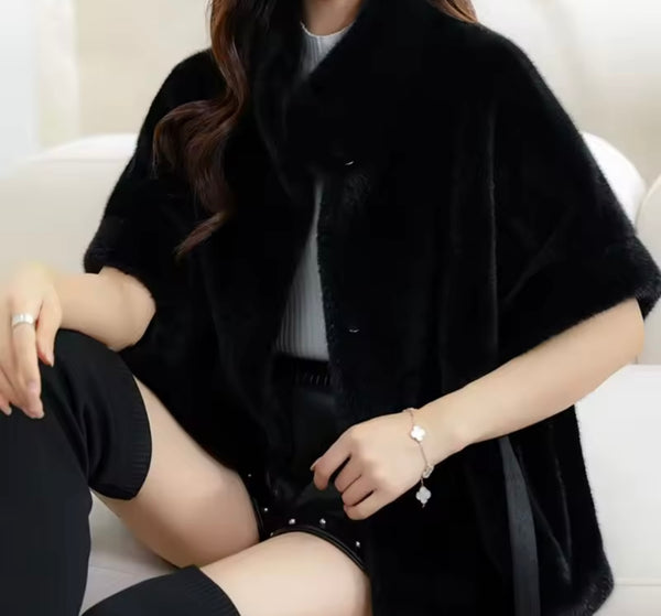 Women Fashion Warm Short Sleeve Faux Fur Belted Jacket