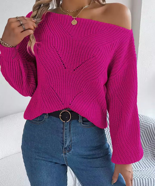 Women Color Off The Shoulder Full Sleeve Oversized Sweater Top