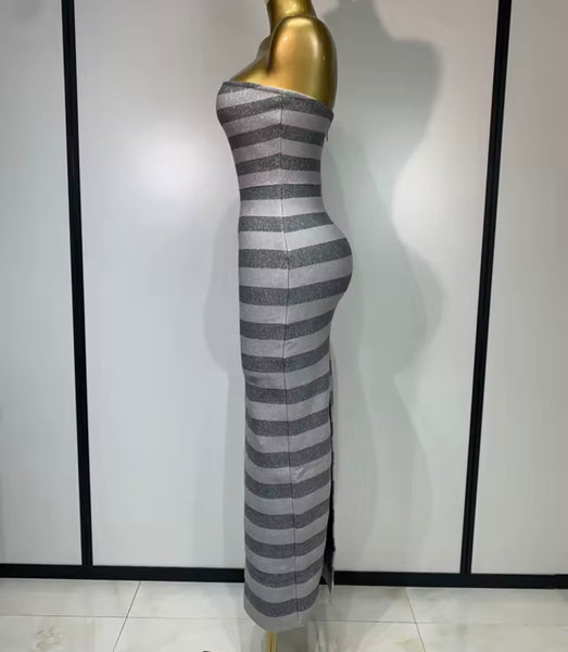Women Sexy Strapless Gray Striped Bandage Maxi Dress