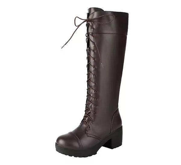 Women Fashion Faux Leather Tie Up Knee High Boots