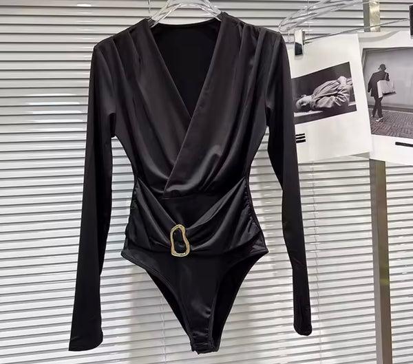 Women Black Full Sleeve Metal Bodysuit Two Piece PU Leather Short Set