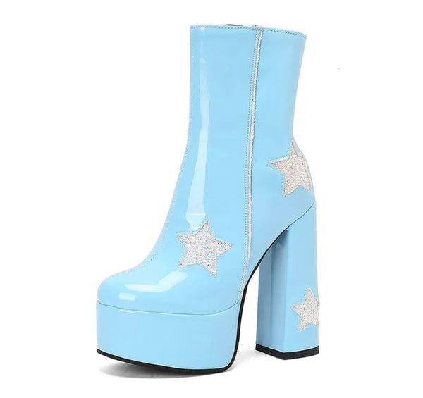 Women Fashion Star Patent Leather Platform High Heel Ankle Boots