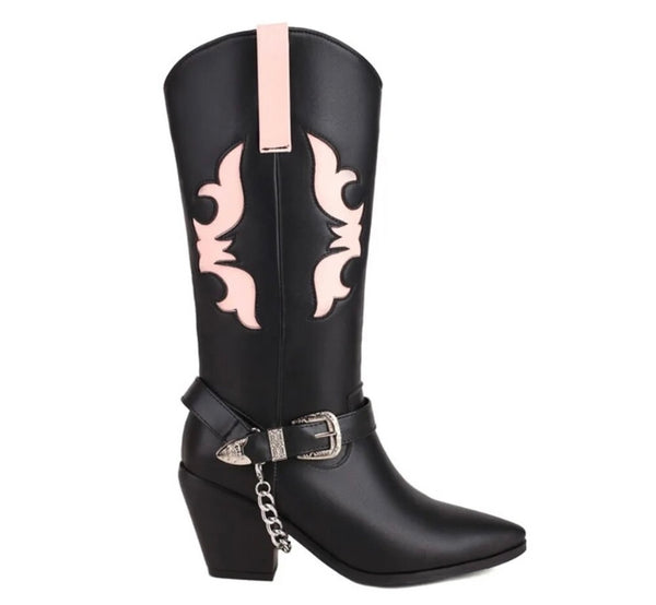 Women Fashion Faux Leather Color Patchwork Chain Western Boots