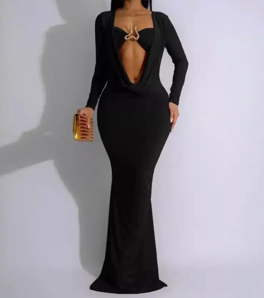 Women Sexy Metal Cut Out Full Sleeve Solid Color Maxi Dress