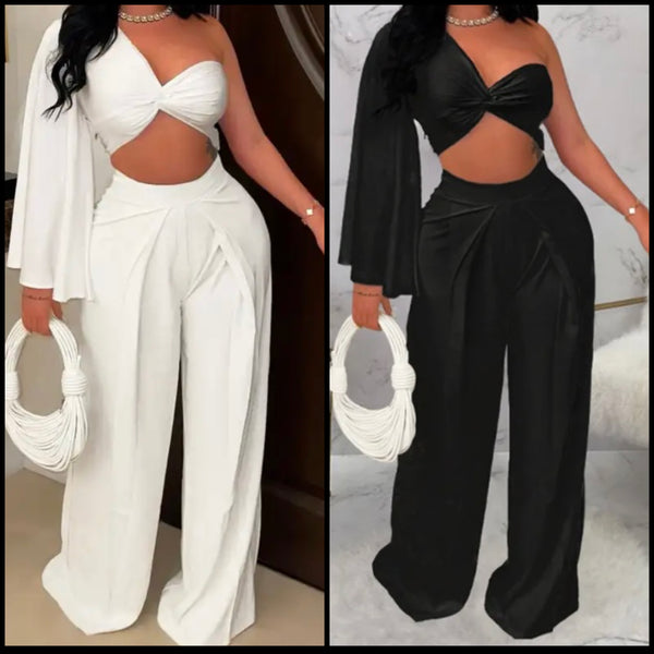 Women One Shoulder Full Sleeve Crop Two Piece Wide Leg Pant Set