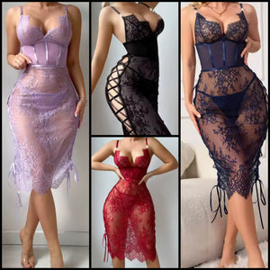 Women Lace Sleeveless Cut Out Tie Up Sexy Nightgown Lingerie