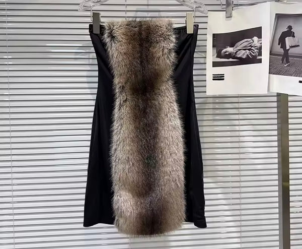 Women Sexy Strapless Faux Fur Patchwork Dress