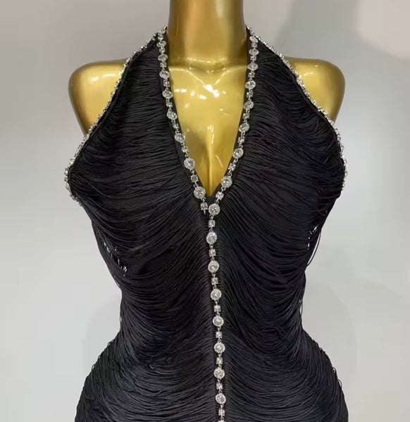 Women Sexy Black Rhinestone Fringe Halter Open Back Dress