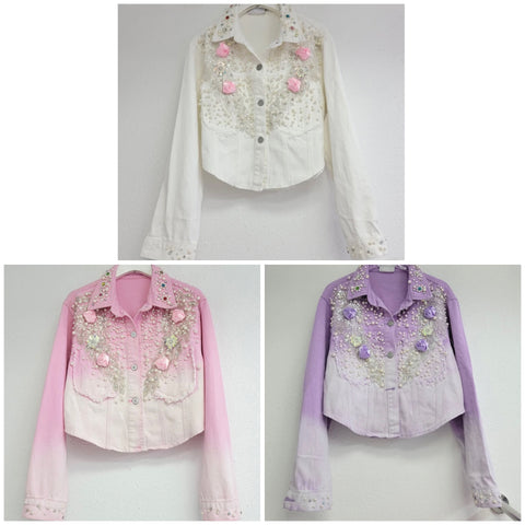 Women Fashion Rose Pearl Beaded Denim Jacket