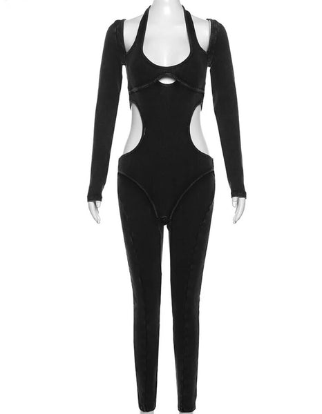 Women Ribbed Halter Full Sleeve Cut Out Fashion Jumpsuit