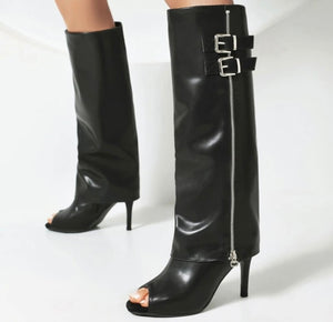 Women Open Toe Side Buckled Zipper Fashion Faux Leather Boots