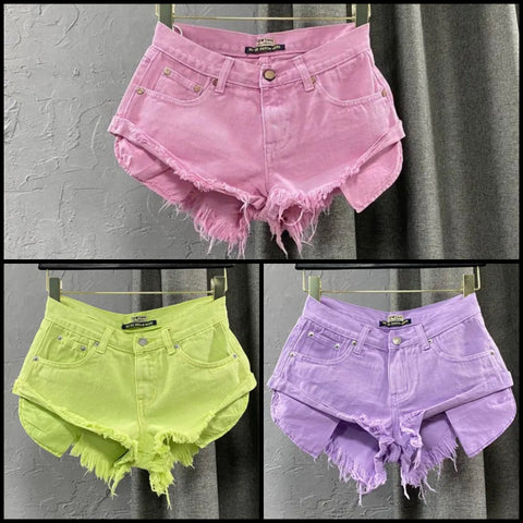 Women Color Fashion Ripped Denim Shorts