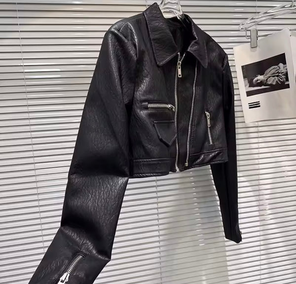Women Black Zip Up Fashion Faux Leather Jacket