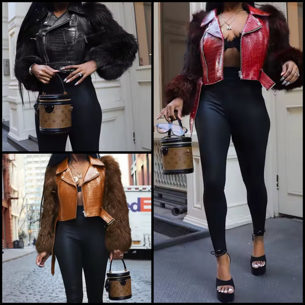 Women Fashion Faux Leather Fur Sleeve Buckled Jacket