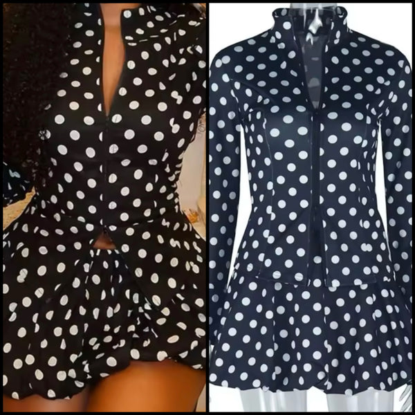 Women Fashion B&W Polka Dot Zip Up Two Piece Skirt Set