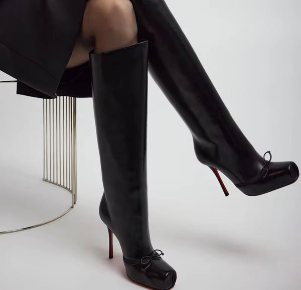 Women Fashion Square Toe Bow Faux Leather Knee High Boots