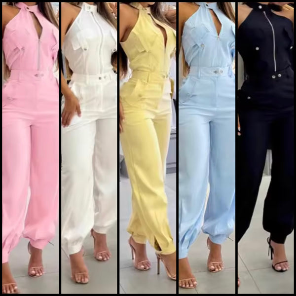 Women Fashion Sleeveless Zip Up Color Two Piece Pant Set