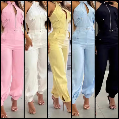 Women Fashion Sleeveless Zip Up Color Two Piece Pant Set