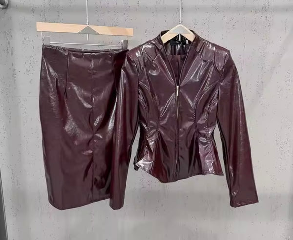 Women Fashion Faux Leather Jacket Two Piece Skirt Set
