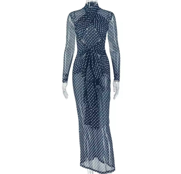 Women Sexy Black Polka Dot Mesh Full Sleeve Maxi Dress