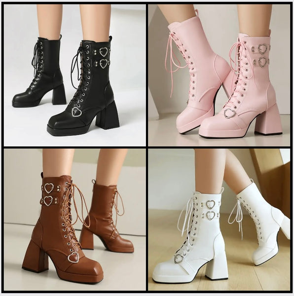 Women Fashion Heart Lace Up Platform Ankle Boots